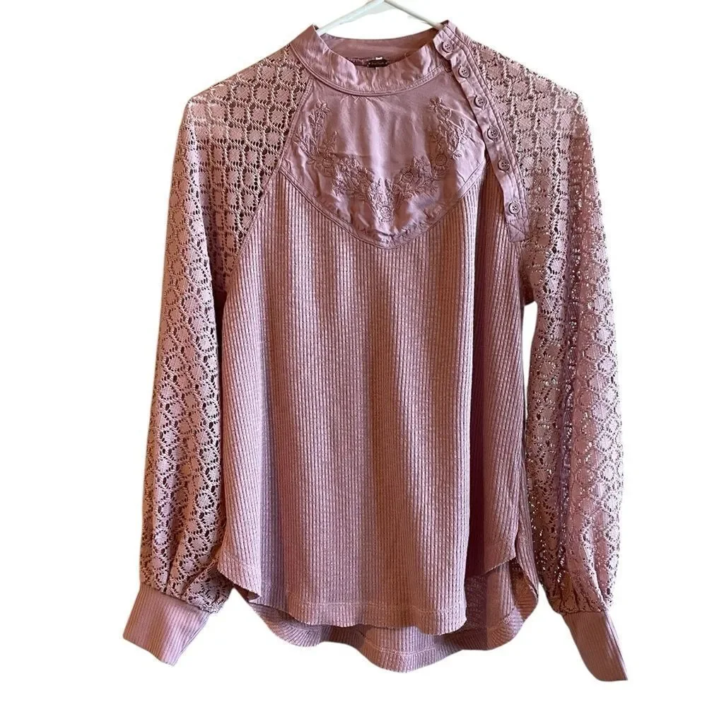 Free People Sweetest Thing Pink Lace Sleeve Thermal Top Size XS